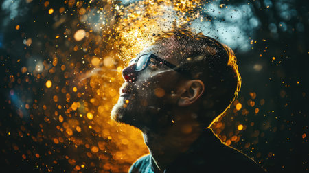 The picture that about the human face with different facial expression with colourful blowing effect near their head that can be portrayed feeling when they received too much the information. AIGX03.の素材