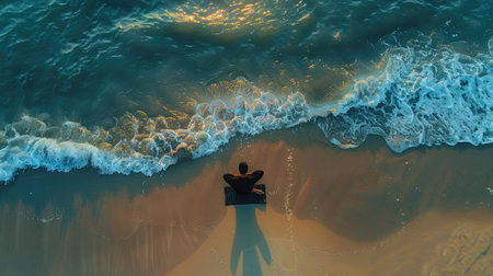 An aerial view of two individuals standing on the beach, overlooking the azure waters with surfboards in hand AIG50の素材
