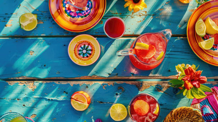 An intricate table setting with colorful dishware and drinks arranged in a circular pattern, resembling a painting of a vibrant aquatic organism AIG50の素材