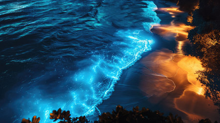 An electric blue wave crashing on a beach at night, creating a captivating natural landscape in the darkness with the mountain range in the background AIG50の素材
