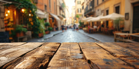 The close up picture of the empty table that has been made from the wood material and placed in alley with people in background, the alley is a narrow pedestrian way or lane between buildings. AIGX02.の素材