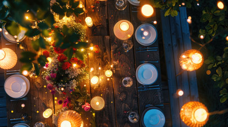A wooden table adorned with candles, flowers, and an orange houseplant in a beautiful circular pattern, creating a cozy atmosphere for any event AIG50の素材