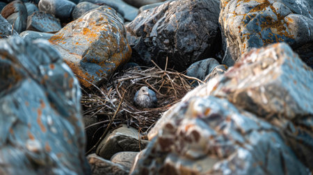 A seabird with a sharp beak, part of the Charadriiformes order, is perched on a rock nest made of natural materials on the bedrock soil landscape AIG50の素材