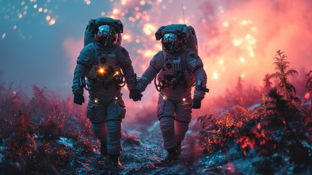 The side view of the couple astronaut human that has traveling to the various place on the land but yet it looks like human still trying to find something to be next target of the exploration. AIGX03.の素材