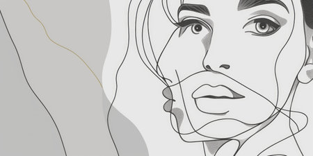 A portrait of young beautiful woman with background. Fashionable lady face with elegance lips with retro colors. Drawing minimalist line art concept. Represented with feminism, beauty, power. AIG42.の素材
