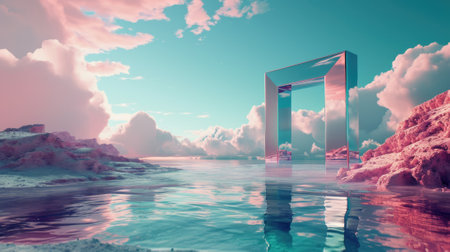 A metallic pink square portal in the middle of the clear river that connected to the ocean that surrounded with a pile of the pink sand and pink desert under the cloudy sky in the sunny day. AIGX03.の素材