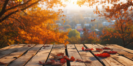 The close up picture of the empty table that has been made from the wood material and placed inside the forest during autumn at the morning, A forest is a large wood area with the ecosystems. AIGX02.の素材