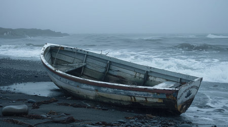 A watercraft is resting on the sandy beach amidst the vast ocean waters. The sky is filled with fluffy clouds and the wind waves gently AIG50の素材