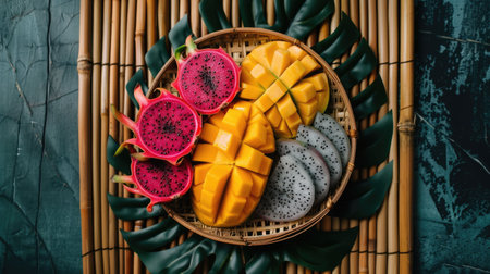 A bamboo mat serves as the tableware for a black plate adorned with mangoes and dragon fruit, creating a colorful and vibrant display of tropical ingredients AIG50の素材