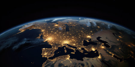 3D image of a textured Earth with golden light patterns. An image of digital art of globe with glowing light. Futuristic globe concept for environmental, technology, and global connectivity. AIG35.の素材