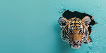 Close up view picture of the hollow blue hole on the the wall that show the tiger stay inside the wall that has been made from some material yet still can be break to look through other side. AIGX03.の素材