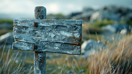 A wooden sign with a cross symbol and religious font, pointing right in a field under a sky. It blends art with natural landscape, resembling a twig in a cemetery AIG50の素材