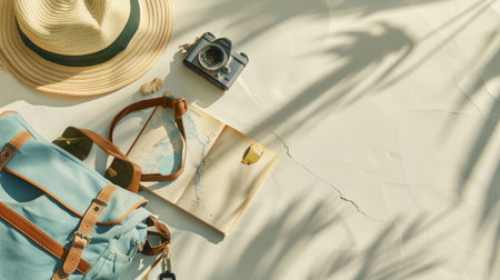 Artistic arrangement of a backpack, hat, camera, book, and map on a table. The visual arts composition includes patterns and textures, creating a unique and aesthetic display AIG50の素材