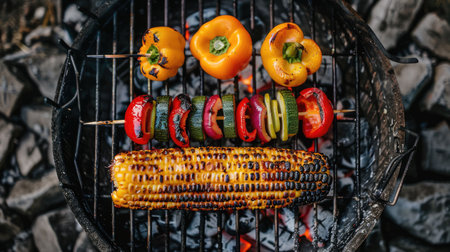 A variety of colorful bell peppers and chili peppers are sizzling on the grill, ready to be used as ingredients in a delicious recipe. These natural foods add flavor and nutrition to any cuisine AIG50の素材