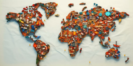 World map composed of various colorful household objects on cream background. Recycling and environmental awareness concept. Design for sustainability campaigns, ecology presentations concept. AIG35.の素材