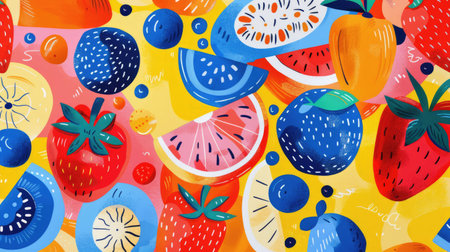 A creative art piece showcasing colorful fruit including watermelon Citrullus on a vibrant blue background. The artwork features a pattern of circles and vibrant colors AIG50の素材