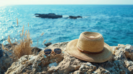 A straw hat and sunglasses rest on a rock by the ocean, offering a scenic view of the water, sky, and horizon. A perfect spot for leisure and travel AIG50の素材