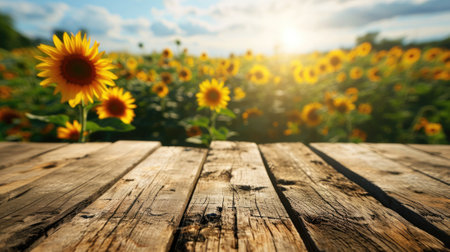 The close up picture of the empty table that has been made from the wood material and placed inside the sunflower field, the sunflower field is the place for agricultural production and relax. AIGX02.の素材