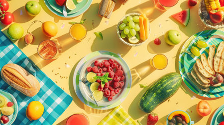 A picnic spread with tableware, fruit, and flowers on a plaid blanket. Enjoy natural foods, vegetable dishes, and a beautiful outdoor event AIG50の素材