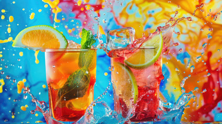 A colorful array of liquid paints splashes into the water, creating a beautiful painting resembling a natural landscape with petals, fruit, and drinkware AIG50の素材