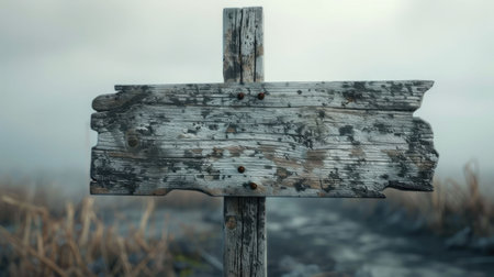 A wooden sign with a cross symbol and religious font, pointing right in a field under a sky. It blends art with natural landscape, resembling a twig in a cemetery AIG50の素材