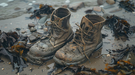 A pair of boots is drifting in the fluid water, surrounded by natural landscapes of soil, plants, trees, and rocks. It seems like a mysterious event AIG50の素材