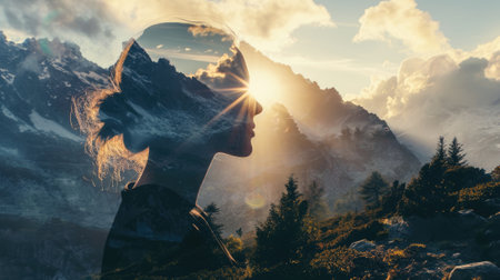 The picture of the young or adult female human doing the standing pose for relaxation or meditating the mind in the middle of the nature under bright sun in the daytime of a dawn or dusk day. AIGX03.の素材