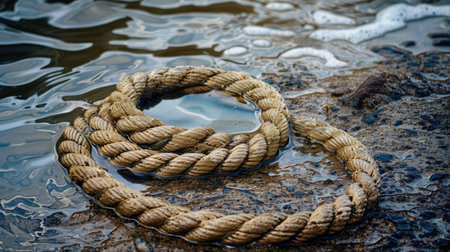 A rope is tethered to a rock by the fluid landscape of water, swaying with each wind wave. The electric blue waves create a mesmerizing art event AIG50の素材