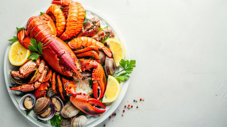 A dish of seafood featuring lobsters, shrimp, clams, and lemon slices presented on a table with exquisite tableware and garnished with leafy vegetables AIG50の素材