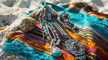 Handcrafted body jewelry made from natural materials, a set of necklace and earrings adorned with intricate patterns, sitting on the sandy beach as a creative art display AIG50の素材