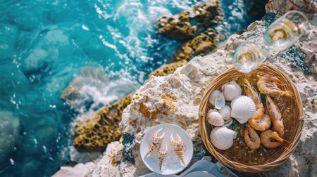 Aerial view of a picnic on a rocky cliff by the ocean, surrounded by water, plants, rocks, and natural materials creating a beautiful pattern resembling an underwater art piece AIG50の素材