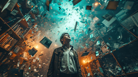 The picture that about the human face with different facial expression with colourful blowing effect near their head that can be portrayed feeling when they received too much the information. AIGX03.の素材