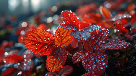 The picture of nature that focused to the red leaf from tree in the forrest that stay on ground and got illuminated with the bright light of sunlight in the summer or spring time of the year. AIGX03.の素材
