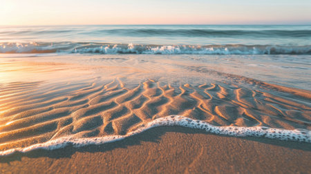 A close up of a sandy beach with waves crashing onto the shore, showcasing the beauty of natures water and wind waves in a natural landscape AIG50の素材