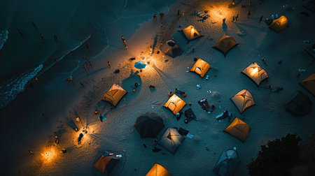 A captivating aerial view of a beach at night with a string of lanterns illuminating the waters edge, creating a magical atmosphere under the cover of darkness AIG50の素材