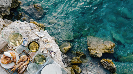 Aerial view of a picnic on a rocky cliff by the ocean, surrounded by water, plants, rocks, and natural materials creating a beautiful pattern resembling an underwater art piece AIG50の素材
