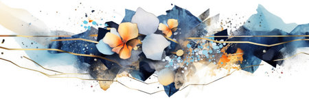 Abstract luxury floral watercolor banner with elegance elements and splashes. Golden line with blue and gold flower decorated and line arrangement with white background. Elegant design concept. AIG35.の素材