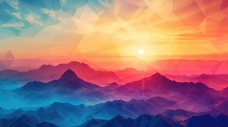 Abstract background landscape with mountain with vibrant sunset view. Colorful sunset over a mountain range. Colors range from deep blue in lighter shades of blue and purple further back. AIG42.の素材