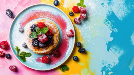 A stack of pancakes topped with strawberries and blueberries on a plate. The perfect combination of sweet fruit and fluffy pancakes, a delicious breakfast choice AIG50の素材