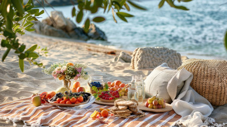 A beach picnic set up with a colorful fruit basket and cozy blanket overlooking the serene body of water, surrounded by nature and stunning landscape AIG50の素材