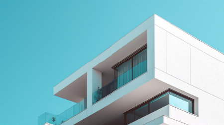 Low angle camera of white minimalistic architectural building structure or skyscraper with blue clear sky. Modern white house making from concrete architecture. Artistic creative minimal house. AIG42.の素材