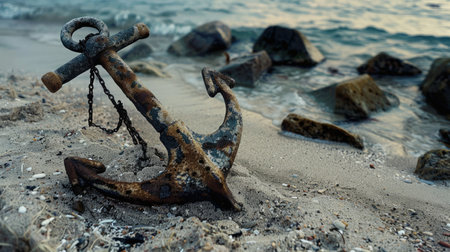 A weathered anchor rests on the sandy beach, surrounded by the gentle lapping of water. Nearby, a vibrant plant adds a touch of life to the serene scene AIG50の素材