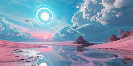 A pink round portal in the middle of the river that connected to the ocean and surrounded with the a huge pile of sand and sandstone mountain under the cloudy sky in the bright morning day. AIGX03.の素材