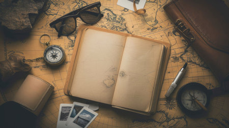 A green hat, aqua sunglasses, an electric blue compass, a watercolored notebook, and a map with an azure pattern on a circle design table AIG50の素材