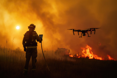 Portrait of firefighter wearing safety gear and using drone to explore the area while preparing or planning to extinguish fire. Close up of fireman wearing protective cloth and survive in fire. AIG42.の素材
