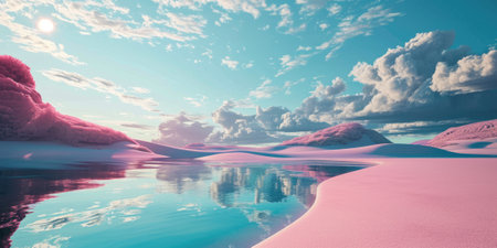 A pink round portal in the middle of the river that connected to the ocean and surrounded with the a huge pile of sand and sandstone mountain under the cloudy sky in the bright morning day. AIGX03.の素材