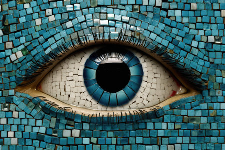 Abstract eye mosaic made of blue tiles and looking at camera. Close up of human eye staring at camera made by blue floor tiles. Artistic concept for vision and perception. Curious, observe. AIG35.の素材