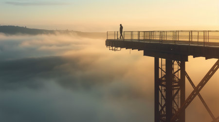 A construction worker stands on an elevated platform, overseeing a foggy industrial site, ensuring safety and project progress. AIG41の素材