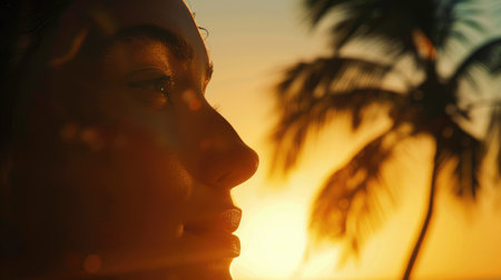 The silhouette of a womans face against a colorful sunset with palm trees and a beautiful natural landscape. Her gesture exudes happiness and peace as the heat of the day gives way to darkness AIG50の素材