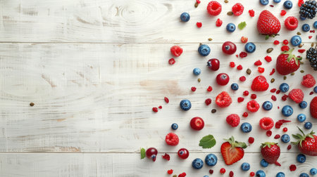 Fresh strawberries, raspberries, blueberries, and mint are beautifully displayed on a white wooden table. These vibrant natural foods are perfect ingredients for a berry cake recipe AIG50の素材